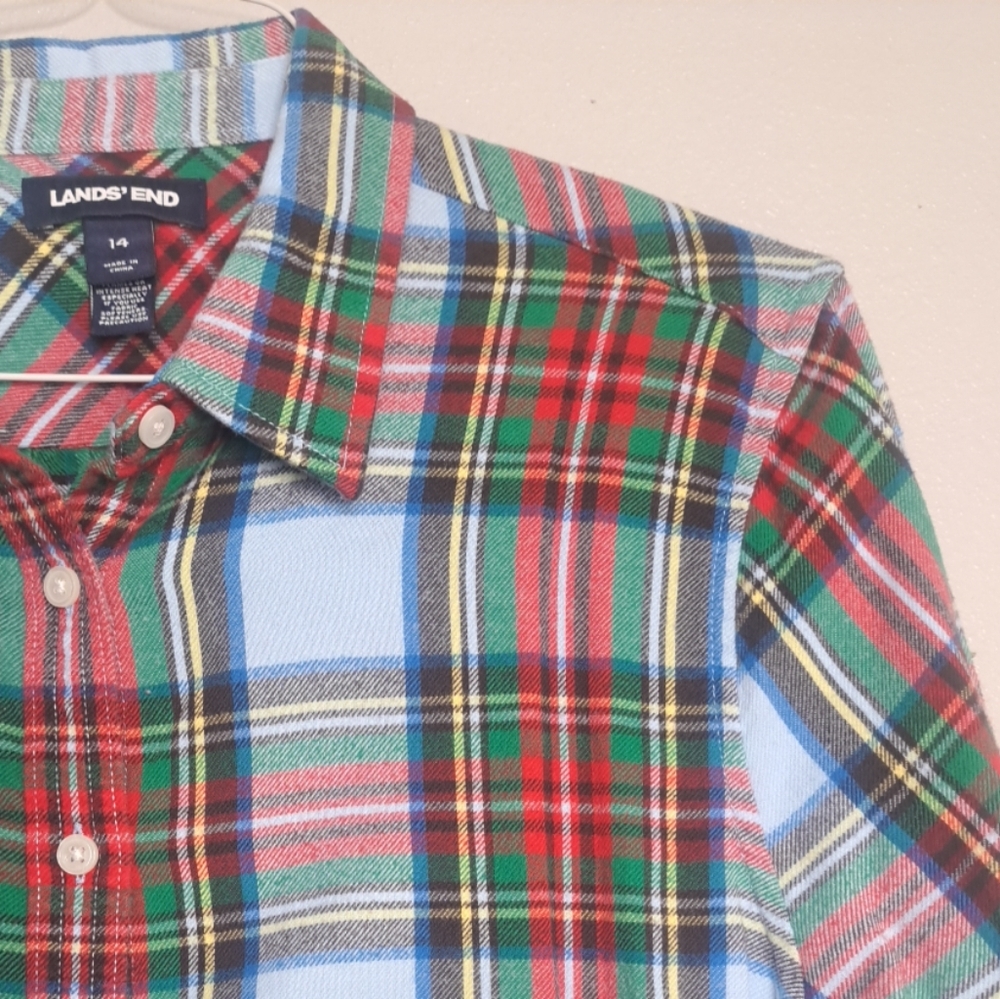 Land’s End Flannel Button-down Shirt Women's Sz 14 Large Plaid Long Slveeve - Picture 14 of 16